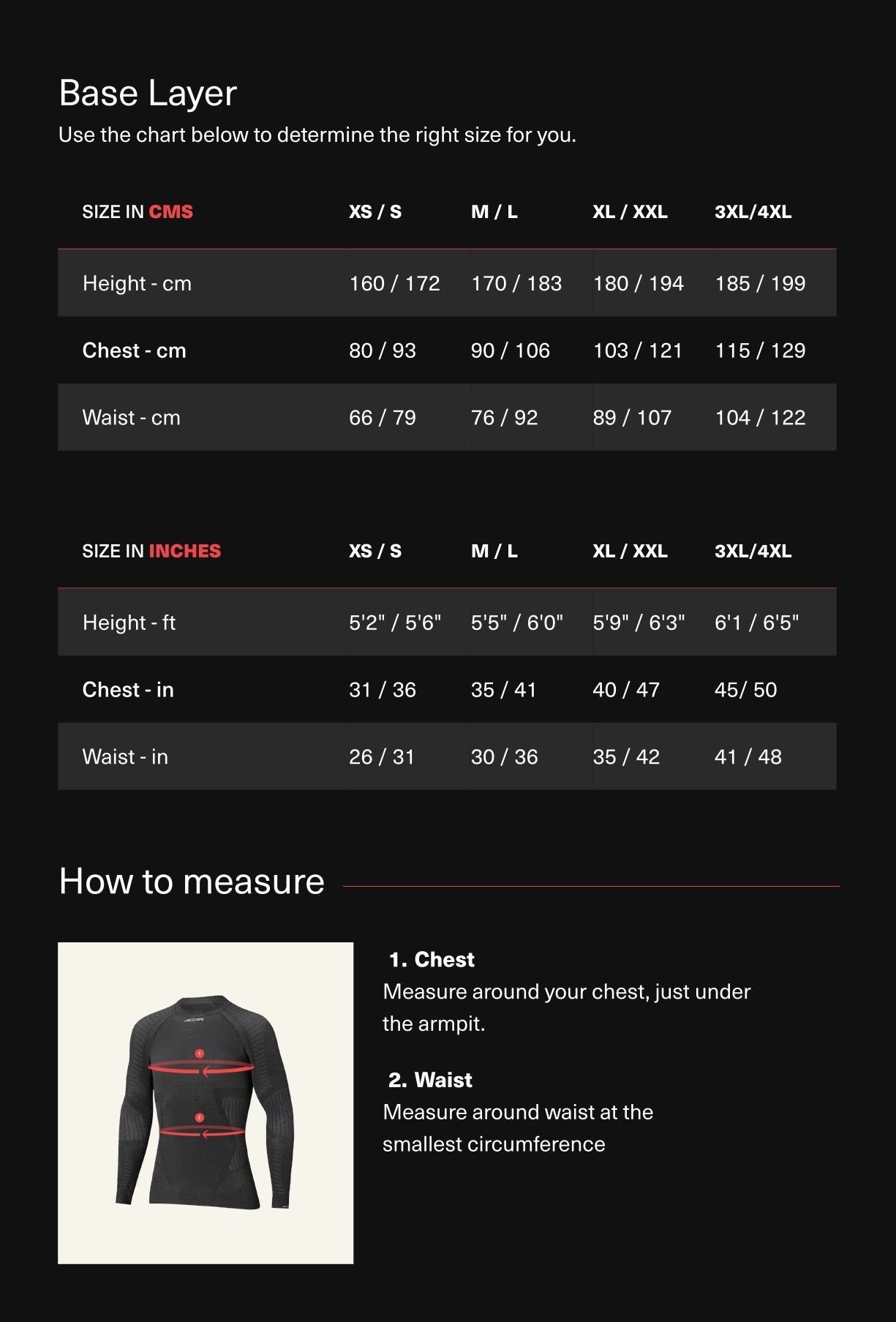 Size Chart for Men's Long Pants ERGORACING - Black/Red (EN)