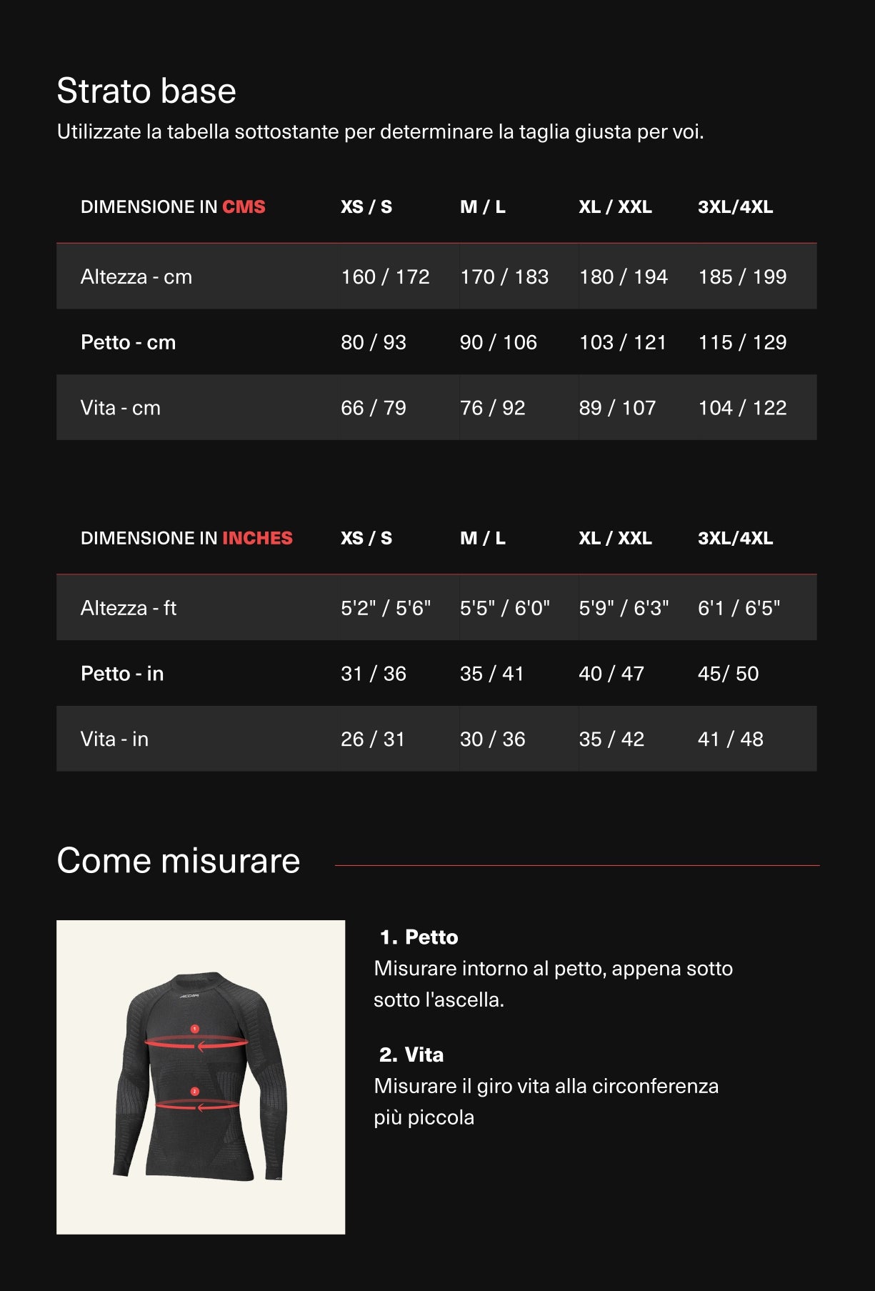 Size Chart for Men's Long Sleeve Shirt ERGORACING - Dark Green/Anthracite (IT)